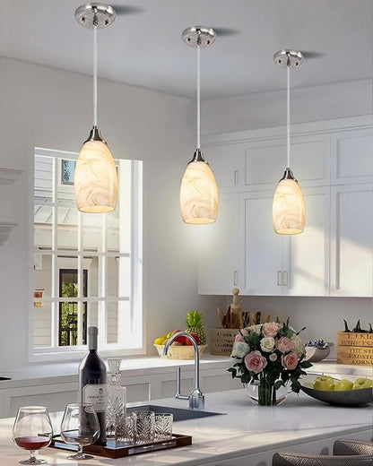 karyfine Mini Pendant Lights Kitchen Island Beige Marble Glass Lamp Shade Hand Blown Glass Pendant Light with Brush Nickel Finish Adjustable Cord for Kitchen Over Sink Hallway,Dining Room