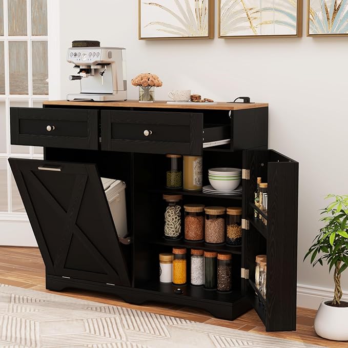 Giantex Kitchen Island with Tilt Out Trash Can Cabinet 10 Gallon, Power Outlet, 2 Drawers, Adjustable Shelves, Hidden Storage Garbage Bin Cabinet for Dining Room Laundry Room (Black+Walnut)