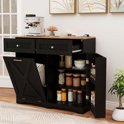 Giantex Kitchen Island with Tilt Out Trash Can Cabinet 10 Gallon, Power Outlet, 2 Drawers, Adjustable Shelves, Hidden Storage Garbage Bin Cabinet for Dining Room Laundry Room (Black+Walnut)
