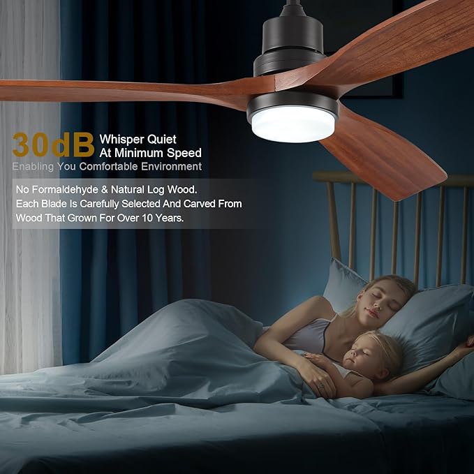 60 Inch Ceiling Fans with Lights and Remote, Quiet Reversible DC Motor and 3 Color Dimmable Light, 3 Blades 6 Speed Wood Ceiling Fan for Farmhouse Living Room Bedroom Dining Room Workroom Study