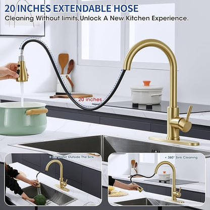 Brushed Gold Kitchen Faucets with Pull Down Sprayer, High Arc Single Handle Stainless Steel 1 or 3 Hole Utility Modern Faucet for Kitchen Sink, Suitable for Bar Laundry RV Farmhouse Camper