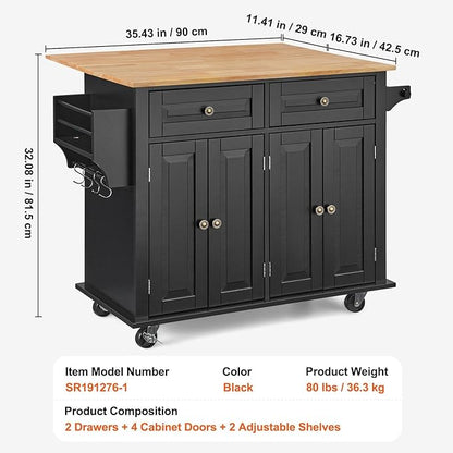 VEVOR Kitchen Island Cart, 35" Wood Top Mobile Carts with Storage Cabinet, Rolling Table with Drop Leaf, Spice Rack, Towel Bar, Adjustable Shelf, Drawer, and Hooks, Portable Islands on Wheels, Black