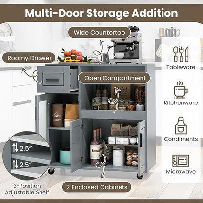 Giantex Kitchen Island Cart with Storage, Rolling Island Table with Drawer, Glass Door, Adjustable Shelf, Bar Coffee Microwave Cart On Wheels for Dining Room, Grey