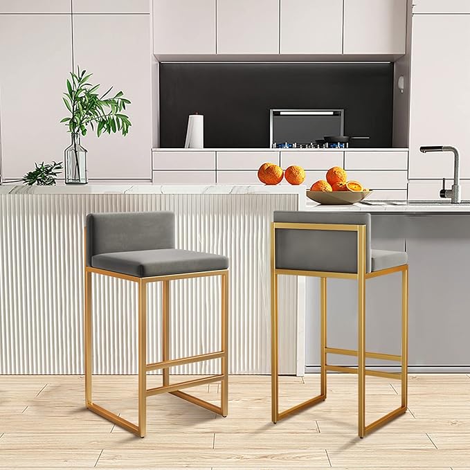 Velvet Stools with Low Back Mid-Century Upholstered Armless Chairs for Kitchen Island Home Pub Grey + Gold Sitting Height 65cm (Grey + Gold 25.6in)