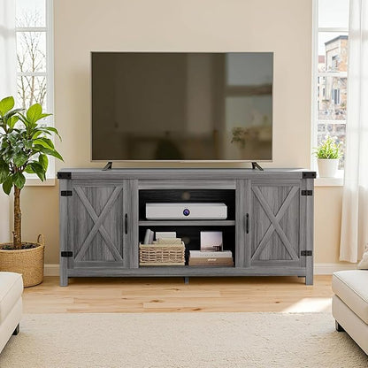 YESHOMY Modern Farmhouse TV Stand with Two Barn Doors and Storage Cabinets for Televisions up to 65+ Inch,Entertainment Center Console Table,Media Furniture for Living Room,Rustic Gray
