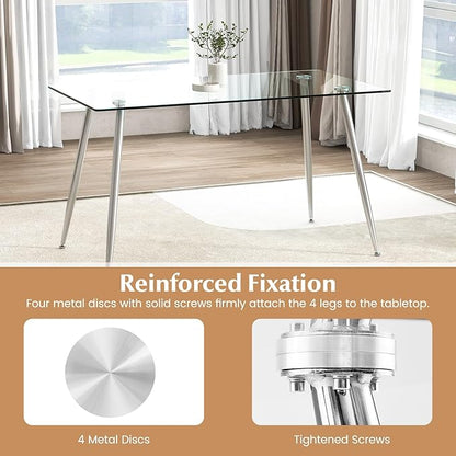 Moccha 51” Glass Dining Table, Modern Rectangular Table with Spacious Tempered Glass Tabletop & Sliver Metal Legs, Adjustable Foot Pads, Transparent Kitchen Table for Home Office
