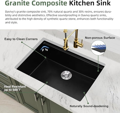 Davivy 27 Inch Black Granite Sink Workstation, 27 X 19 Granite Composite Kitchen Sink Undermount & Drop in, Deep Single Bowl with Accessories