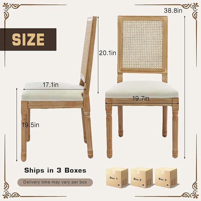 SoarFlash French Dining Chairs Set of 6, Vintage Dining Chairs with Rattan Backrest, Wooden Framehouse Chairs for Living Room, Kitchen, Restaurant, Beige