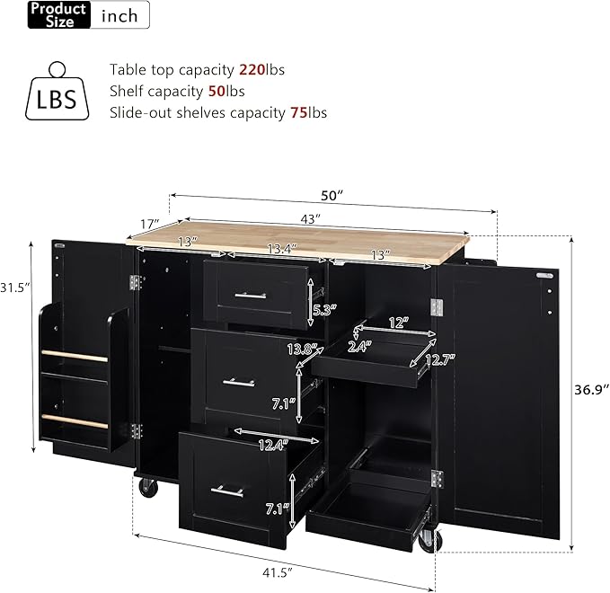 Rolling Kitchen Island with Storage, Kitchen Cart with Rubber Wood Top,3 Drawer,2 Slide-Out Shelf and Internal Storage Rack, Kitchen Island on Wheels with Spice Rack & Tower Rack (Black~09)