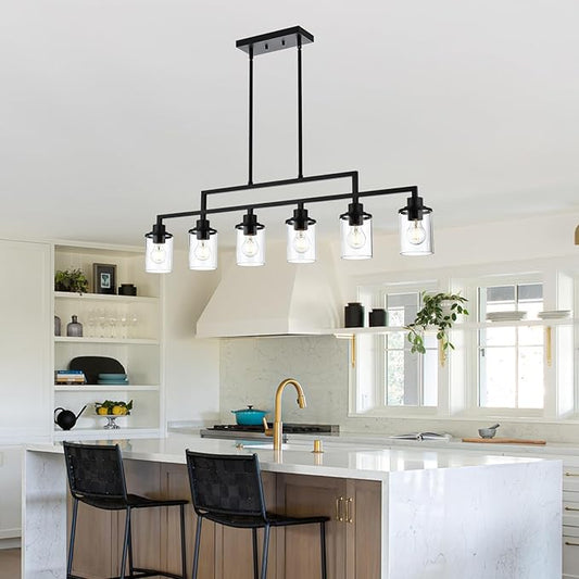 Yaohong 6-Light Black Linear Chandelier for Dining Room, Farmhouse Kitchen Island Light Fixture with Clear Glass Shades, Adjustable Ceiling Hanging Light for Dining Table and Living Room