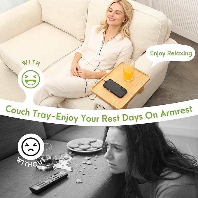 SINWANT Couch Arm Table Tray, Bamboo Sofa Arm Clip on Side Tables, Foldable Arm Rest Table for Home, Couch Arm Tray for Small Spaces Drink Eating Dinner