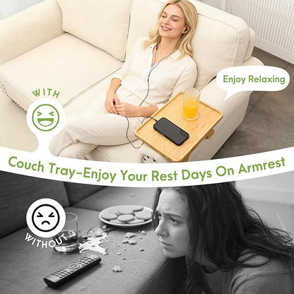 SINWANT Couch Arm Table Tray, Bamboo Sofa Arm Clip on Side Tables, Foldable Arm Rest Table for Home, Couch Arm Tray for Small Spaces Drink Eating Dinner
