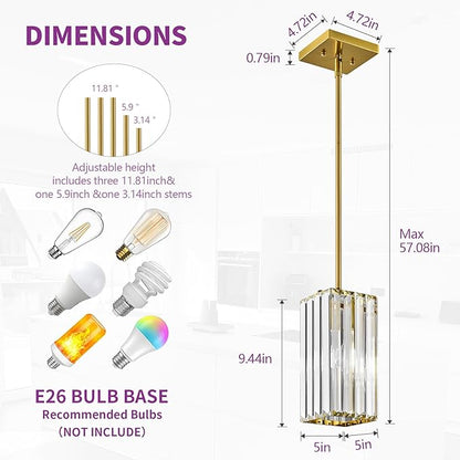 Modern Pendant Light Gold Rectangle Pendant Lighting Mini Crystal Chandeliers Adjustable Pendant Light Fixture for Kitchen Island Dinning Room Living Room Corridor Bedroom(Gold 3-Pack)