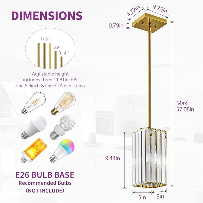 Modern Pendant Light Gold Rectangle Pendant Lighting Mini Crystal Chandeliers Adjustable Pendant Light Fixture for Kitchen Island Dinning Room Living Room Corridor Bedroom(Gold 1-Pack)