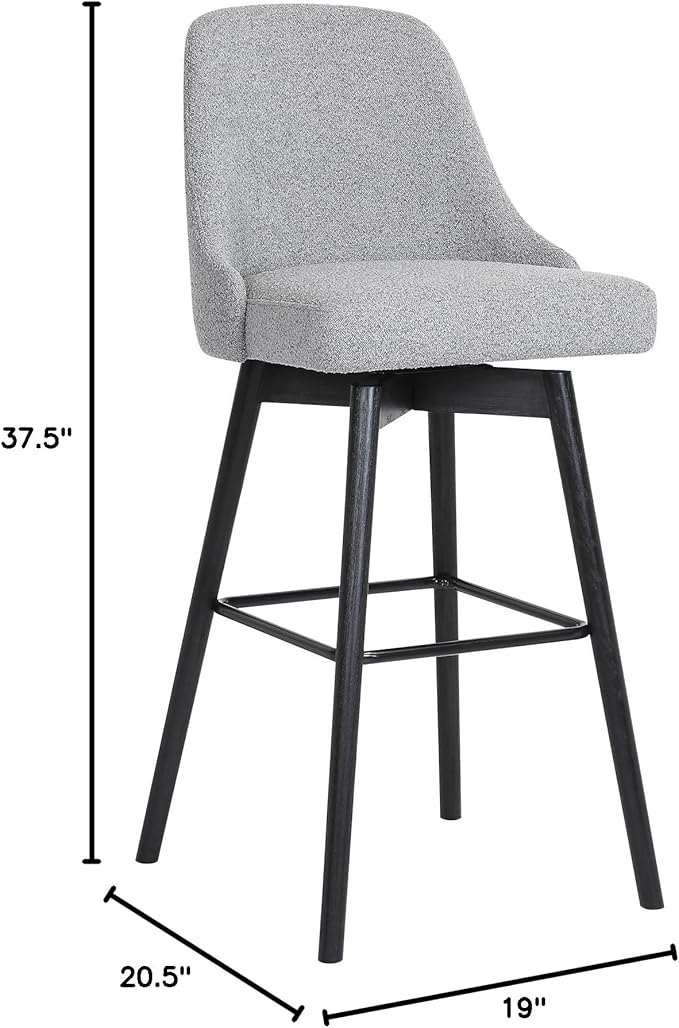 Armen Living Sicily Modern Farmhouse 26" Seat Height Swivel Black Wood Bar Stool for Kitchen Island Counter in Light Gray Fabric