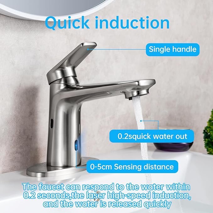 Bathroom Faucet with Built-in Soap Dispenser, Adjustable Hot & Cold Water Temperature, Short & Long Sensor Modes, Touchless Automatic Basin Sensor Faucet (Brushed Nickel)