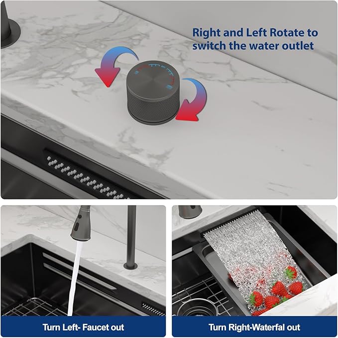 Sarlai 33 Inch Waterfall Kitchen Sink - Black Undermount Kitchen Sink With Waterfall Ledge Workstation Stainless Steel 16 Gauge Multifunction Single Bowl Under Mount Basin with Faucet