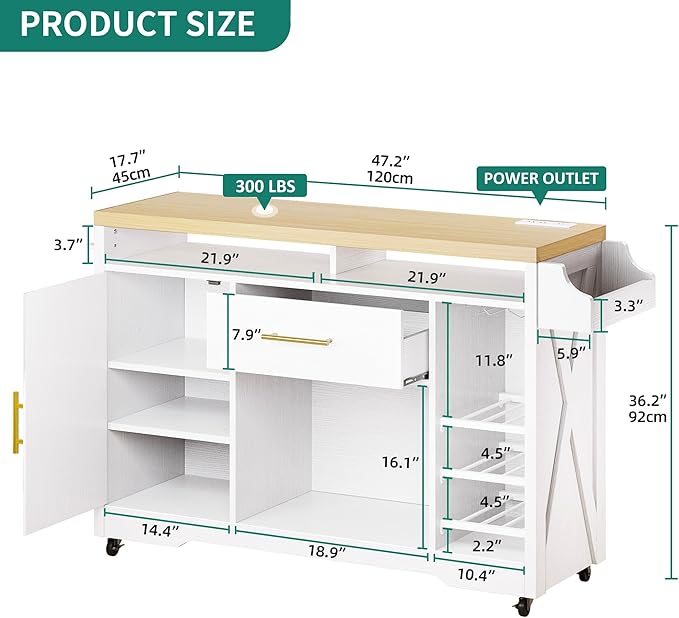 YITAHOME Large Kitchen Island with Power Outlet, Rolling Kitche Cart with Wine Rack, Mobile Storage Islands with Spice Rack Glass Holder, Island Table on Wheels for Living Room, 50 Inch Wide, White