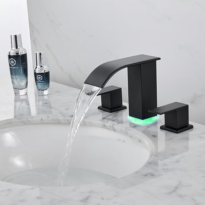Bathroom Faucet 3 Hole, Matte Black Waterfall Bathroom Faucets, 8 Inch Widespread Modern Bathroom Sink Faucet & Parts, Wide Spread Touch On Three Hole 2 Handle Bathroom Vanity Faucet