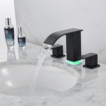 Bathroom Faucet 3 Hole, Matte Black Waterfall Bathroom Faucets, 8 Inch Widespread Modern Bathroom Sink Faucet & Parts, Wide Spread Touch On Three Hole 2 Handle Bathroom Vanity Faucet