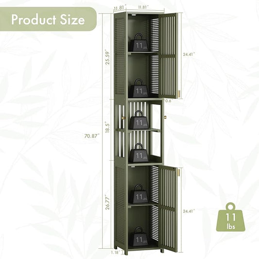 Amazer 70'' Tall Bathroom Storage Cabinet Bamboo, Slim Storage Cabinet with Rattan Door and Adjustable Shelves, Narrow Freestanding Organizer for Living Room Kitchen, Forest Green