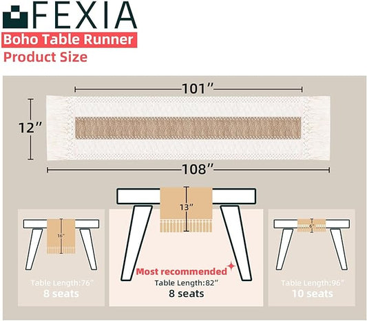 FEXIA Boho Table Runner 108 Inches Long for Christmas ThanksgivingHome Decor Farmhouse Table Runner Cream & Brown Rustic Macrame for Bohemian Dining Bedroom Decor Bridal Shower (12x108 Inches)