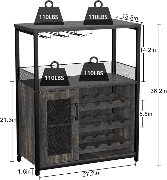GAOMON Coffee Wine Bar Cabinet with Storage and Detachable Rack, Farmhouse Sideboard and Buffet Cabinet with Glass Holder and Mesh Door, Liquor Coffee Bar Cupboard, Dark Wood