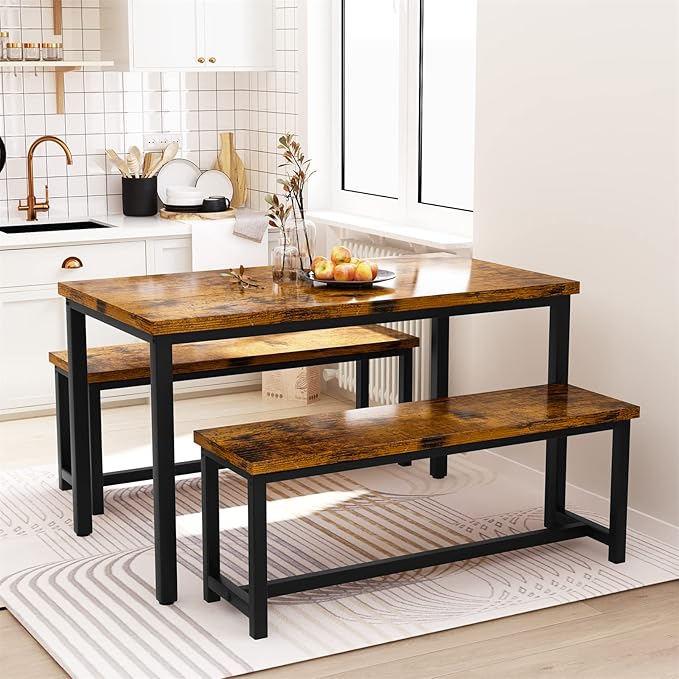 Recaceik 47" Dining Room Table Set with 2 Benches, Kitchen Dining Table Set for 4-6, Space Saving Kitchen Table and Chair Set for Dining Room, Small Space, Breakfast Nook(Brown)
