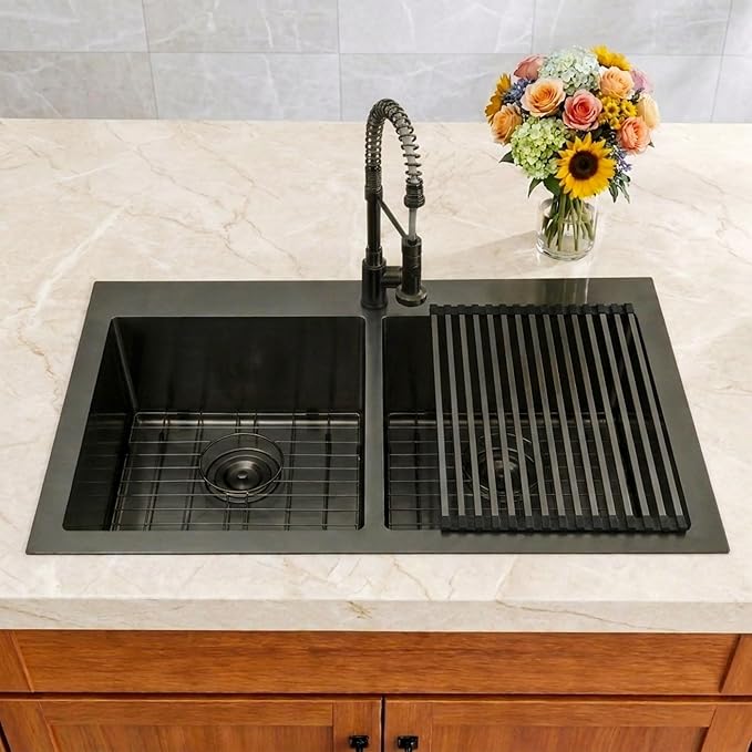 Black Kitchen Sink,33 X 22 inch Drop in Kitchen Sinks Double Bowl,16 Gauge Stainless Steel 50/50 Double Sink,Top Mount/Drop In Double Kitchen Sink 33 inch