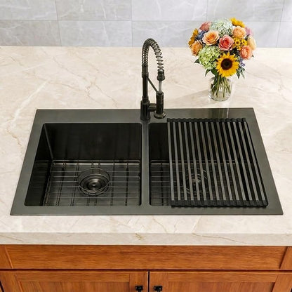 Black Kitchen Sink,33 X 22 inch Drop in Kitchen Sinks Double Bowl,16 Gauge Stainless Steel 50/50 Double Sink,Top Mount/Drop In Double Kitchen Sink 33 inch