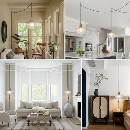 Plug in Pendant Light Clear Glass Striped Pendant Light Fixtures Vintage Glass Hanging Lighting 1-Light with Plug in Cord Mid Century Modern Hanging Lights for Kitchen Island Living Room