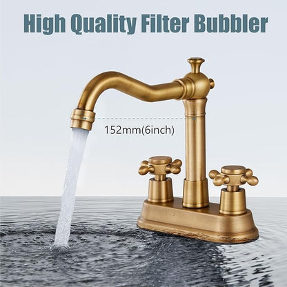 Aolemi 4 Inch Centerset Bathroom Sink Faucet Vintage 2 Cross Handle RV Mixer Tap Basin Vanity Lavatory Utility for Sink 3 Hole Include Hoses Pop Up Drain Faucet Handle Without Label Antique Brass