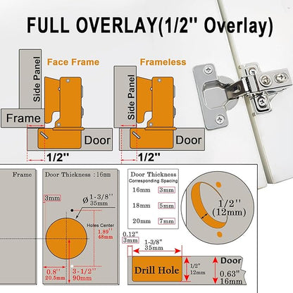 BESTEEL 24 Pack 1/2 inch Overlay Soft Close Cabinet Door Hinges for Kitchen Cabinet Hinges, 100 Degree Opening Angel, Stainless Concealed Kitchen Cabinets Hinge Self Closing with Drilling Tool &Manual