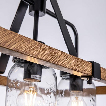 Wellmet Kitchen Island Chandelier, Mason Jar Pendant Light Dining Room, 5-Light Wooden Paint Pendant Light for Living Room, Dining Table, Kitchen, Hallway, Restaurant, 39.3''W