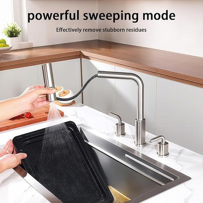 Kitchen Sink Faucet for 3 Hole with Pull Down Sprayer - 8 inch Two Handle Widespread Kitchen faucets Set with Pull Out Sprayer for Sink- Stainless Steel Brushed Nickel 3 Piece Faucet for Kitchen Sink