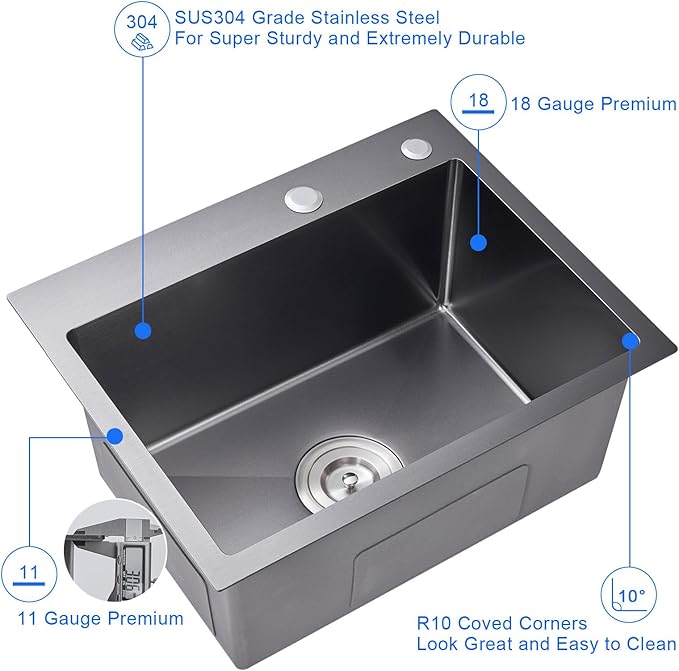 MENATT 24 Inch Drop-in Single Bowl Kitchen Sink Black, 304 Stainless Steel Handmade Topmount Kitchen Bar Residential Sink, D24"xW18"xH9"