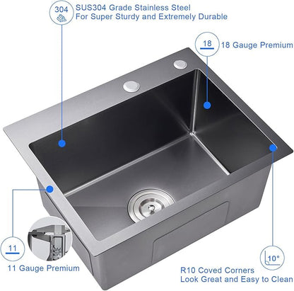 MENATT Commercial 22 X 18 Inch Drop in Single Bowl Kitchen Sinks, 22 inch SUS304 Stainless Steel Handmade Topmount Kitchen Sink (Black)