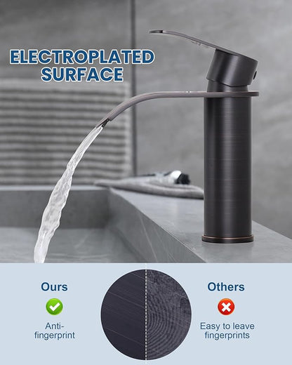 Waterfall Bathroom Faucet Single Handle – WOWOW Modern Oiled Rubbed Bronze Vanity Sink Faucet, Stainless Steel Basin Sink Tap for RV Lavatory 1 or 3 Hole, Hot & Cold Mixer Tap with Pop up Drain