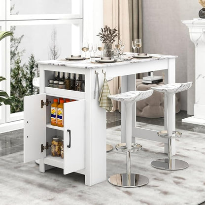 Giantex Counter Height Dining Table with 7 Hanging Hooks, Compartment, Cabinet & Adjustable Shelf, Faux Marble Tabletop, Bar Table for Pub Kitchen Small Space (White, 47"x23.5"x35.5")