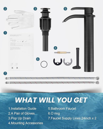 Vessel Sink Faucet Oil Rubbed Bronze：WOWOW Single Handle Tall Bathroom Faucet - Waterfall Single Hole Mixer Bar Tap with Large Rectangular Spout, Deck Mount Lavatory Vanity with Pop Up Drain