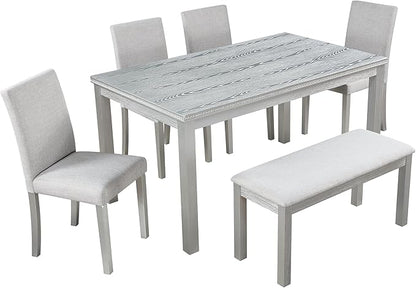 6 Piece Wooden Dining Table Set, Rectangular Dining Table with 4 Upholstered Chairs and 1 Bench, Elegant Dining Table Set with Crystal Decoration for Kitchen, Dining Room, Silver Grey