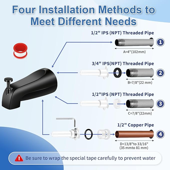 Universal Tub Spout with Diverter, Fits 1/2" Slip on Copper Pipe and 1/2" IPS & 3/4" IPS Threaded, Bathroom Tub Faucet Replacement, Bathtub Spout with Adapter and Hex Wrench (Matte Black)