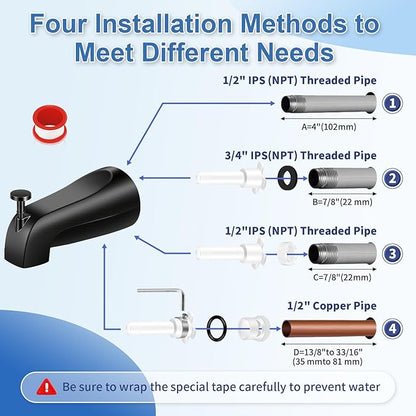 Universal Tub Spout with Diverter, Fits 1/2" Slip on Copper Pipe and 1/2" IPS & 3/4" IPS Threaded, Bathroom Tub Faucet Replacement, Bathtub Spout with Adapter and Hex Wrench (Matte Black)