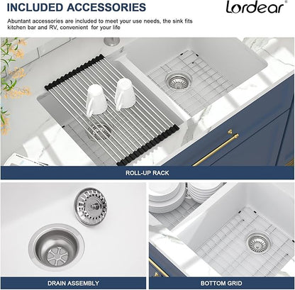 Lordear 33 Inch Granite Composite Kitchen Sink Double Bowl 33"X19" White Undermount 50/50 Quartz Sink With Ledge Classic Under Counter Basin