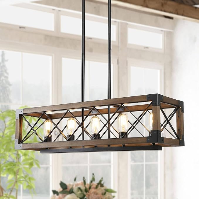 LALUZ Farmhouse Wood Chandelier for Kitchen Island, 5-Light Rectangular Dining Room Light Fixtures Hanging