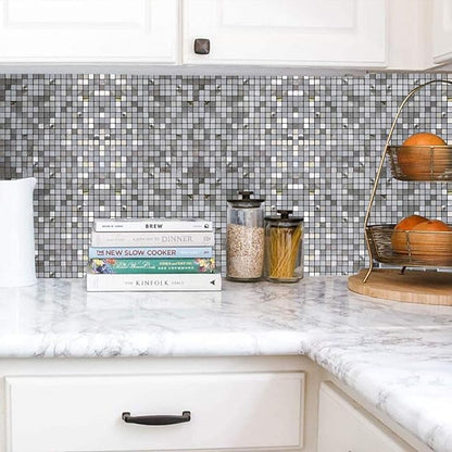 10 Sheets Self-Adhesive Aluminum Mosaic Peel and Stick Metal Tiles 3D Wall Sticker Panel Backsplash for Kitchen & Bathroom (12"x12" Bronze) (10 Silver White)