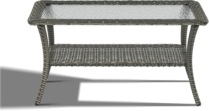 Outdoor Coffee Table - Patio Rattan Wicker Coffee Table with Tempered Glass Top and 2-Tier Storage Outdoor Table for Deck Porch Balcony Garden - Grey