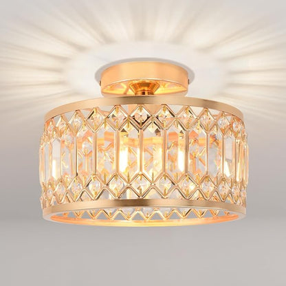 ANWIO Crystal Gold Ceiling Light Fixture, Modern Semi Flush Mount Ceiling Light, Crystal Chandelier for Kitchen Bedroom Bathroom Entryway, 10.63inch