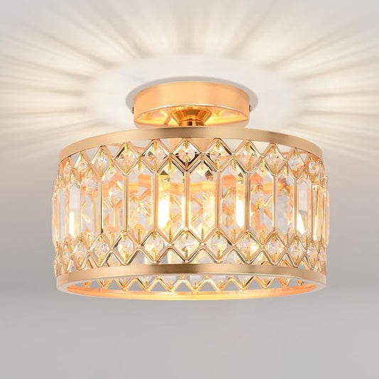 ANWIO Crystal Gold Ceiling Light Fixture, Modern Semi Flush Mount Ceiling Light, Crystal Chandelier for Kitchen Bedroom Bathroom Entryway, 10.63inch