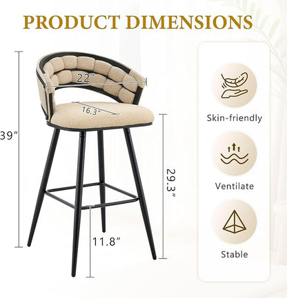 Set of 2 Beige Velvet Bar Stools with Black Iron Legs, Kitchen Island Counter Height Stools